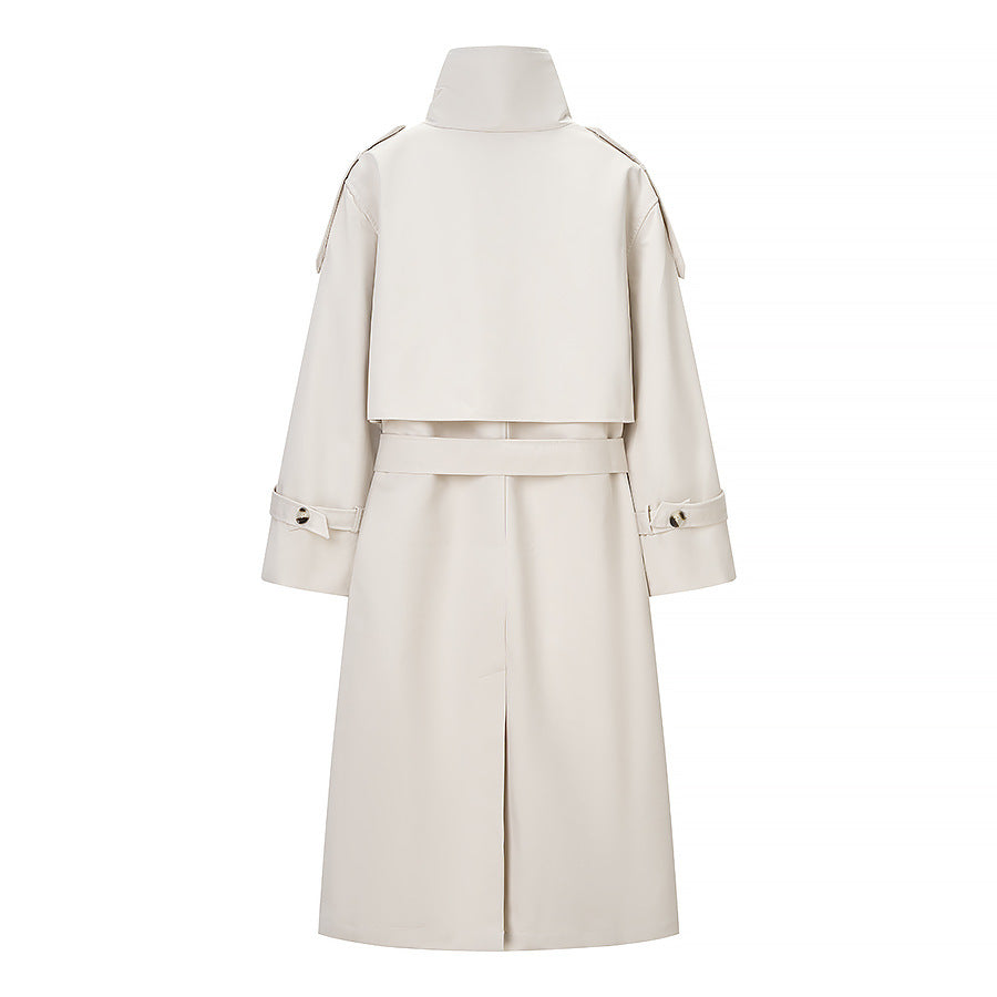 Women Longer double-breasted trench coat with high stand-up collar and waist belt