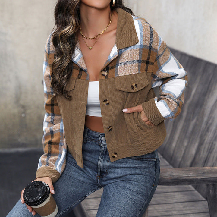 Ladies Short Jacket Cord and Check Mix with Buttons &amp; Breast Pockets