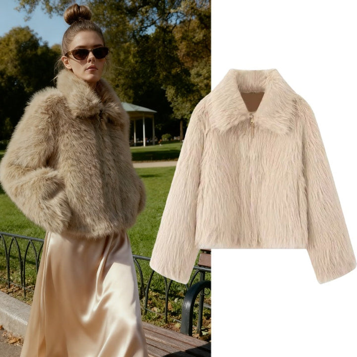 Women Short Faux Fur Cropped Jacket with Voluminous Shawl Collar and Front Zip