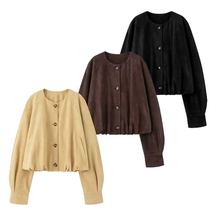 Women Short Blouson Jacket in Cropped Look with Round Neckline and Balloon Sleeves