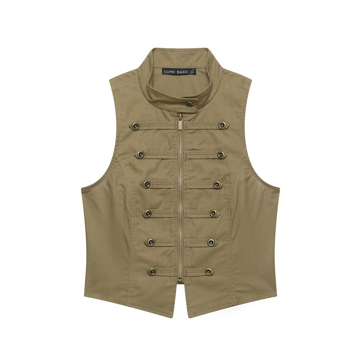 Ladies Tailored Canvas Vest with Front Zip and Decorative Button Ribbons