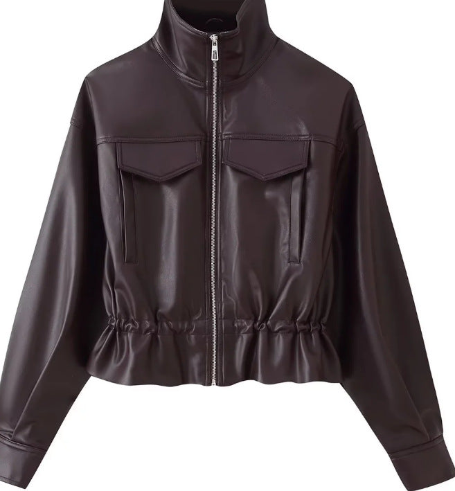 Women cropped faux leather jacket with stand collar, zip and tailored smocking