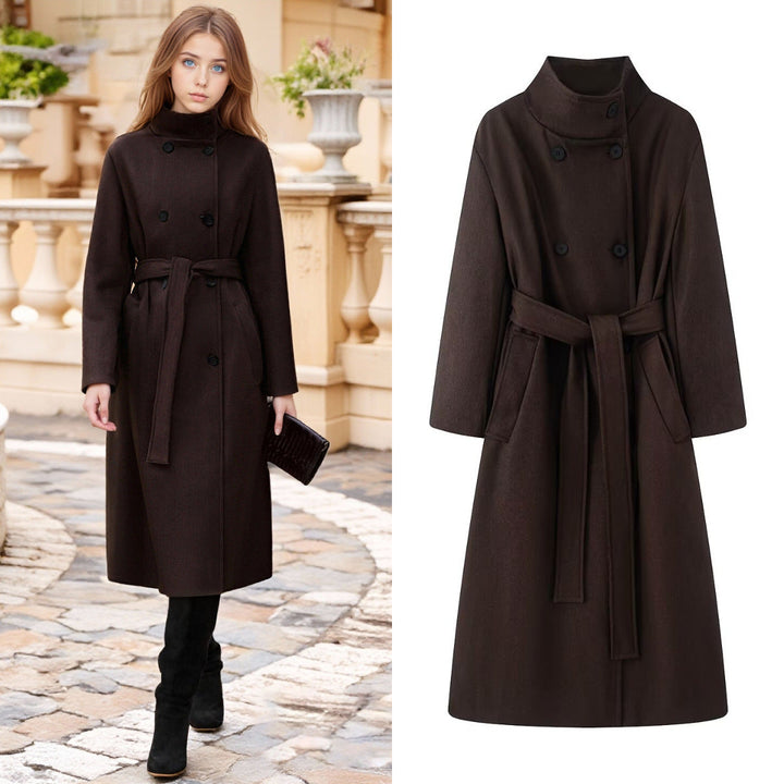 Women oversized wool blend coat with stand-up collar and tie belt