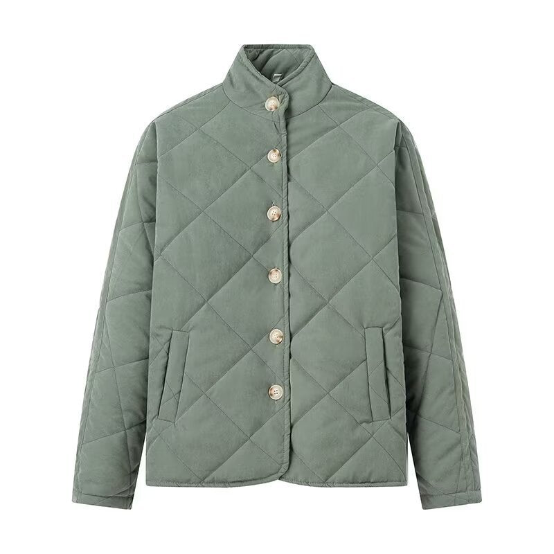 Women Padded Quilted Jacket with Stand-up Collar and Oversized Cut