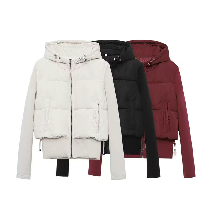 Women short-cut hybrid quilted jacket with hood, waist drawstring and elastic sleeves