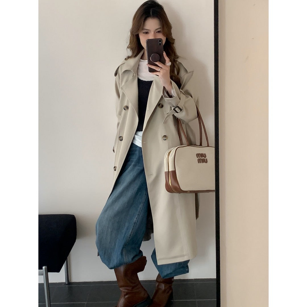 Women Long Trench Coat with High Collar, Double Storm Flap and Adjustable Cuffs