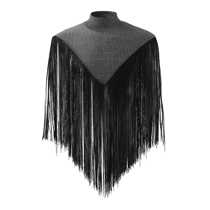Ladies long fringed cape with turtleneck and V-shaped insert