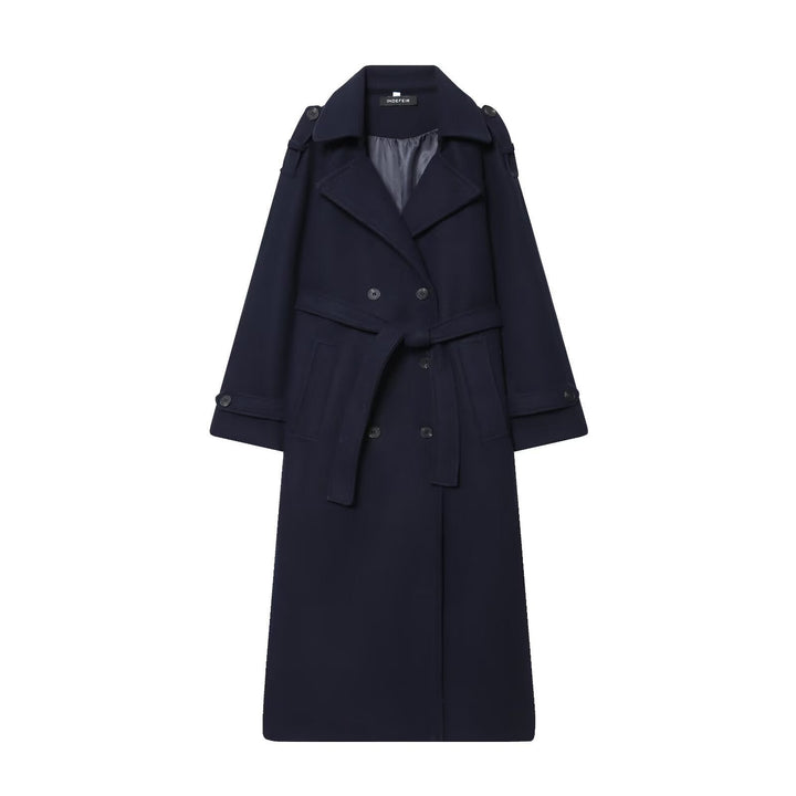 Women Long Double-breasted Trench Coat with Belt and Shoulder Straps
