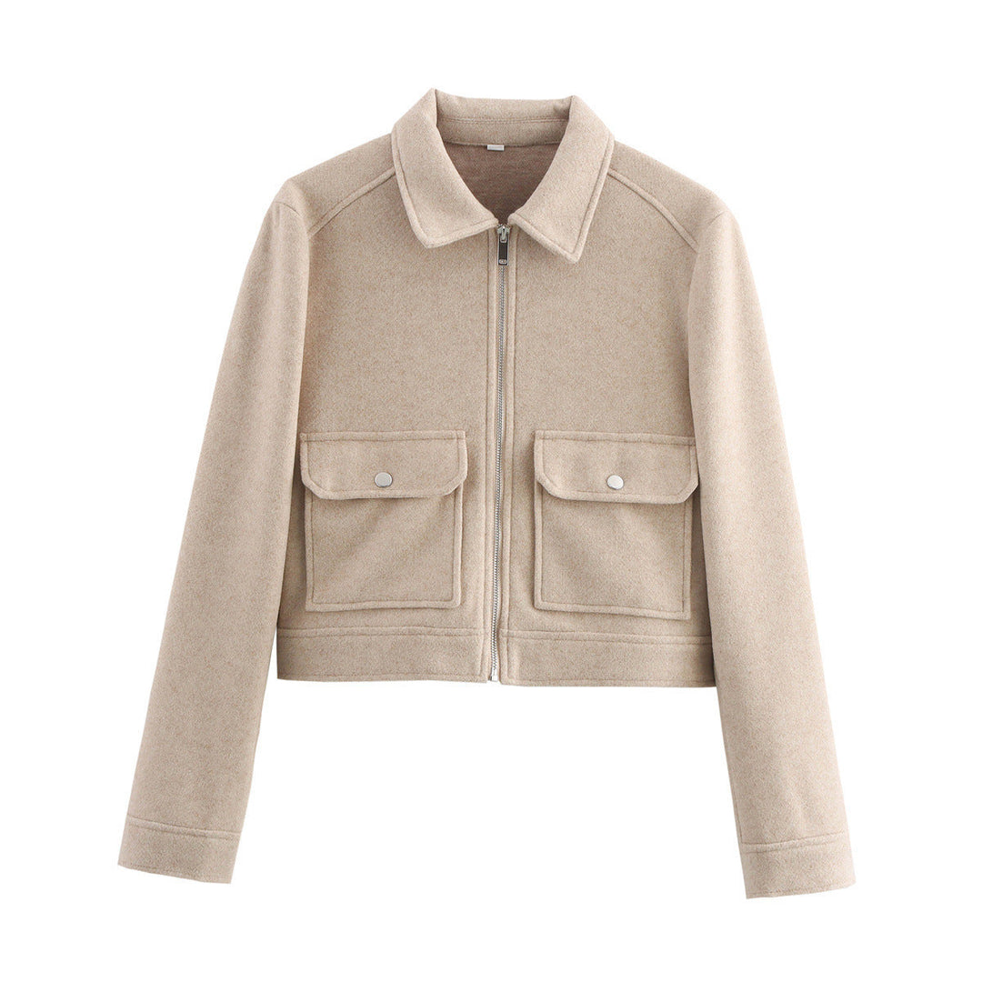 Women short cut wool mix jacket with shirt collar, zip and patch flap pockets