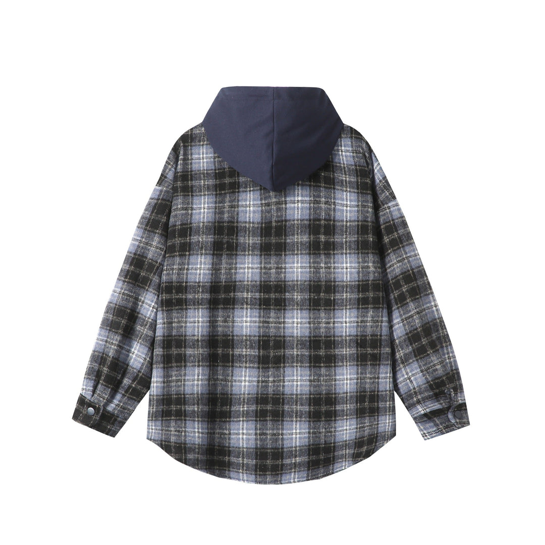 Unisex Oversized Check Shirt Jacket with Hood, Snap Buttons and Chest Pocket