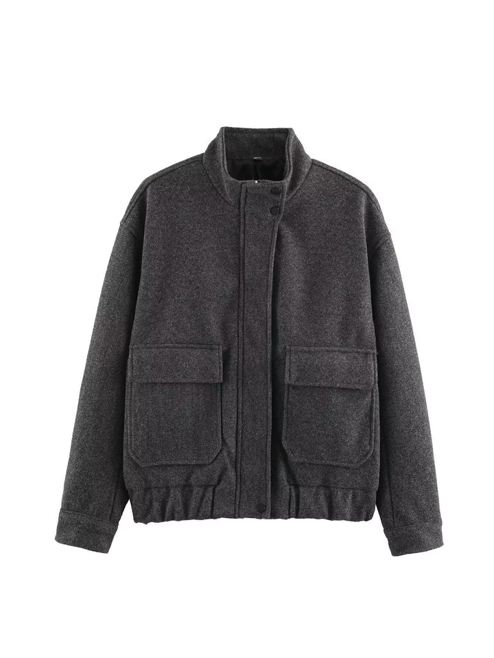 Ladies Boxy Wool Blend Blouson Jacket with Stand-Up Collar, Large Flap Pockets and Elastic Hem