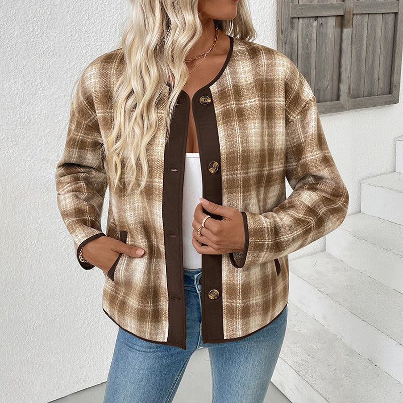 Ladies Checked Transitional Jacket with Round Neck, Contrast Trim and Button Placket