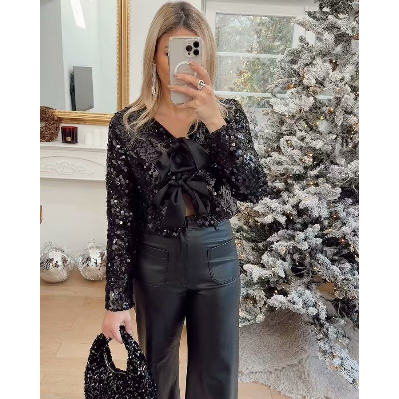Women’s Short Cut Sequin Bolero Jacket with Triple Satin Bows and Lined Interior