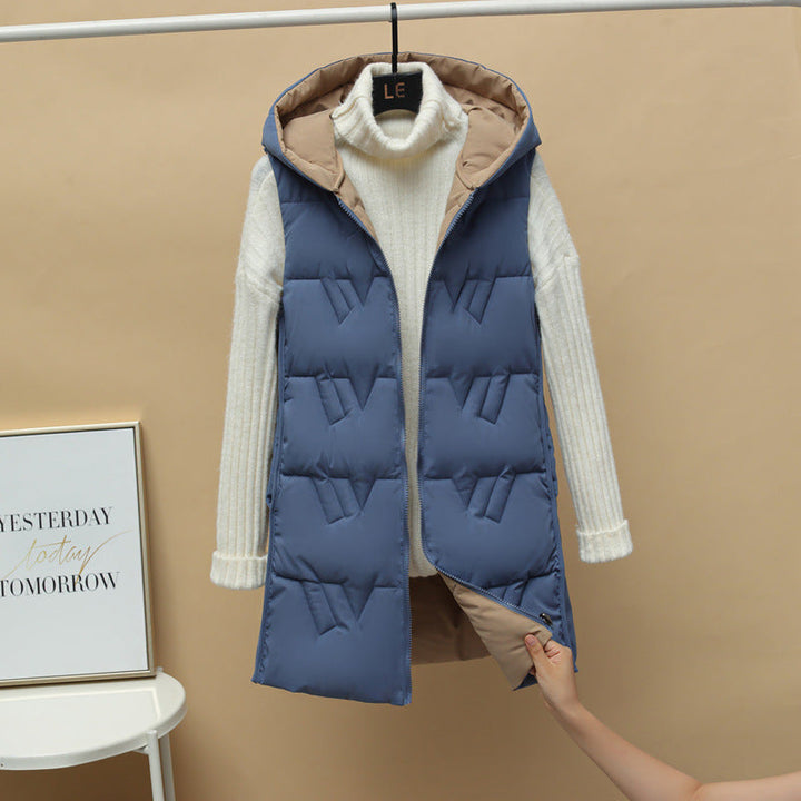 Women’s quilted long padded hooded vest with zip