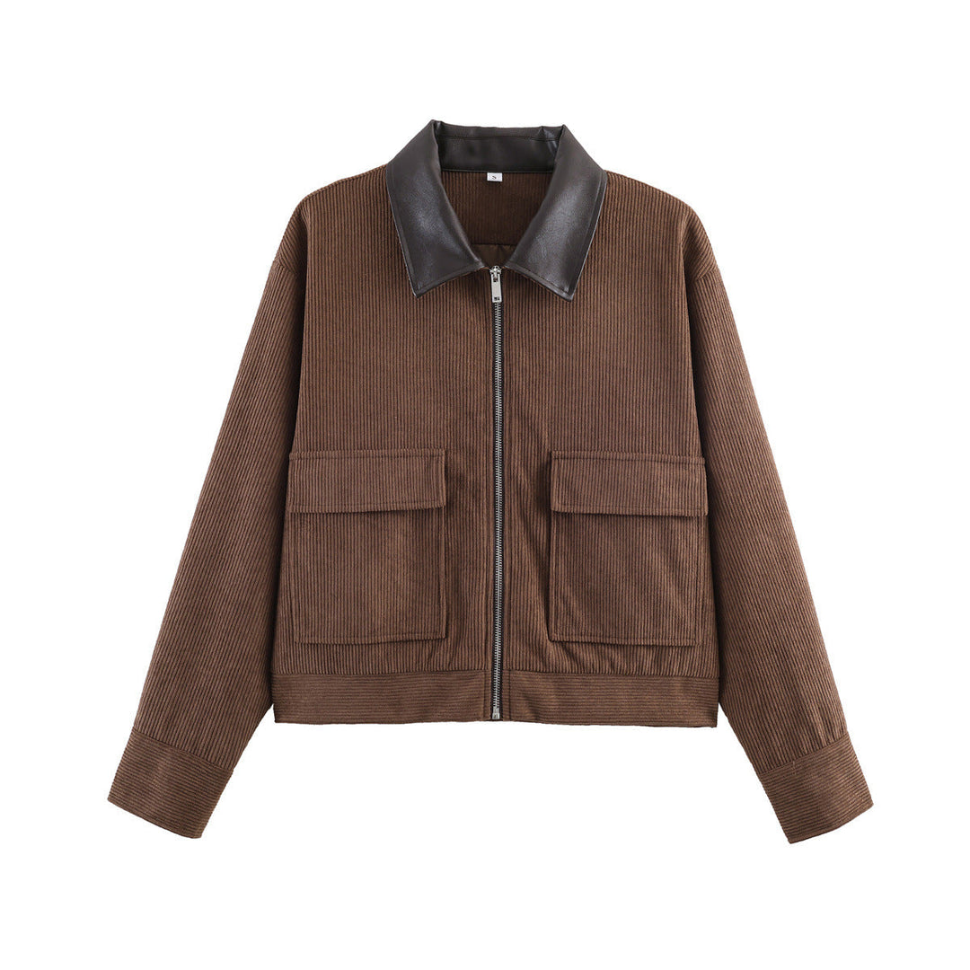 Women Ribbed Structure Short Jacket with Faux Leather Collar and Flap Pockets