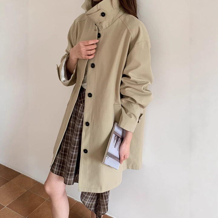 Women Boxy Short Coat with High Stand Collar Visible Button Closure and Side Pockets