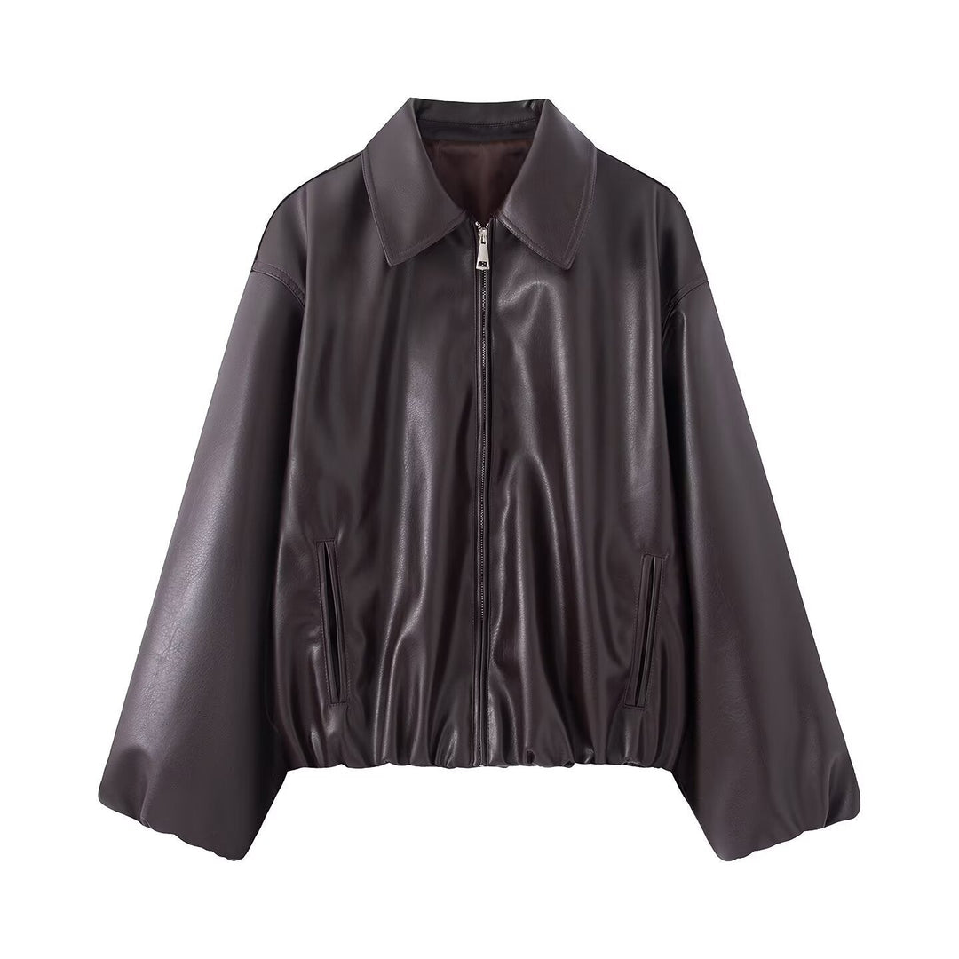Women Oversize Faux Leather Blouson with Zip and Elastic Hem