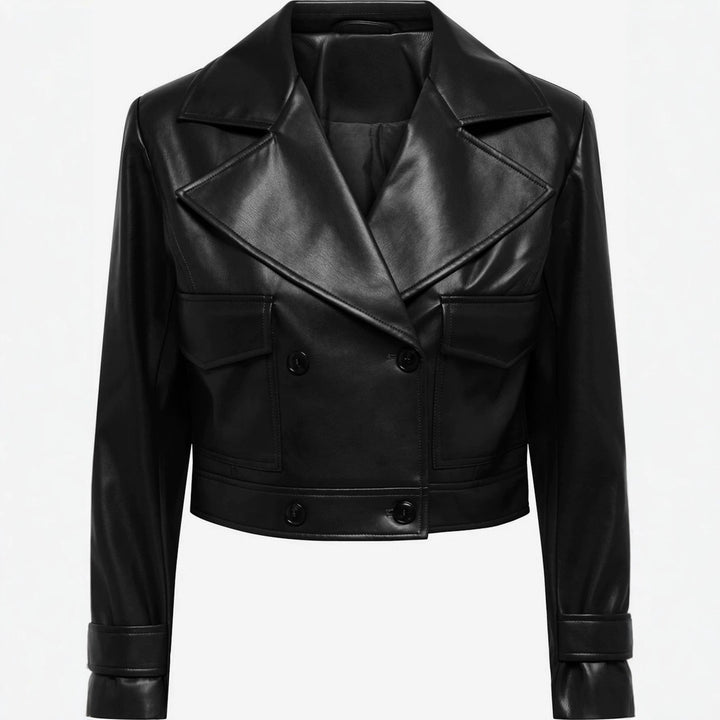 Women short cut double-breasted leather jacket with wide lapels