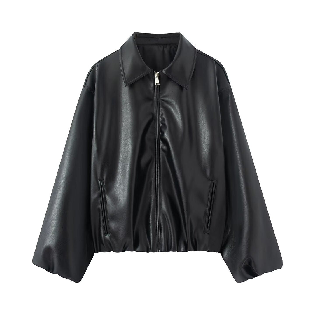 Women Oversize Faux Leather Blouson with Zip and Elastic Hem
