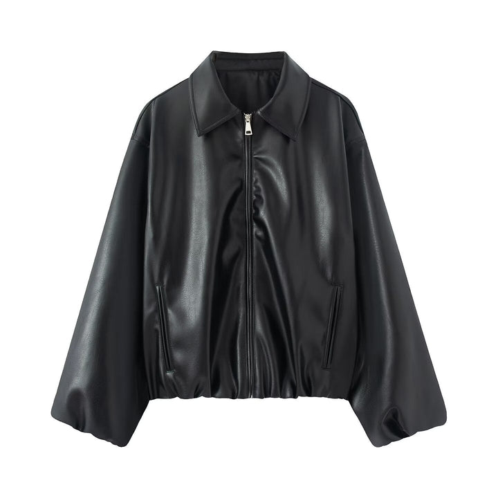 Women Oversize Faux Leather Blouson with Zip and Elastic Hem