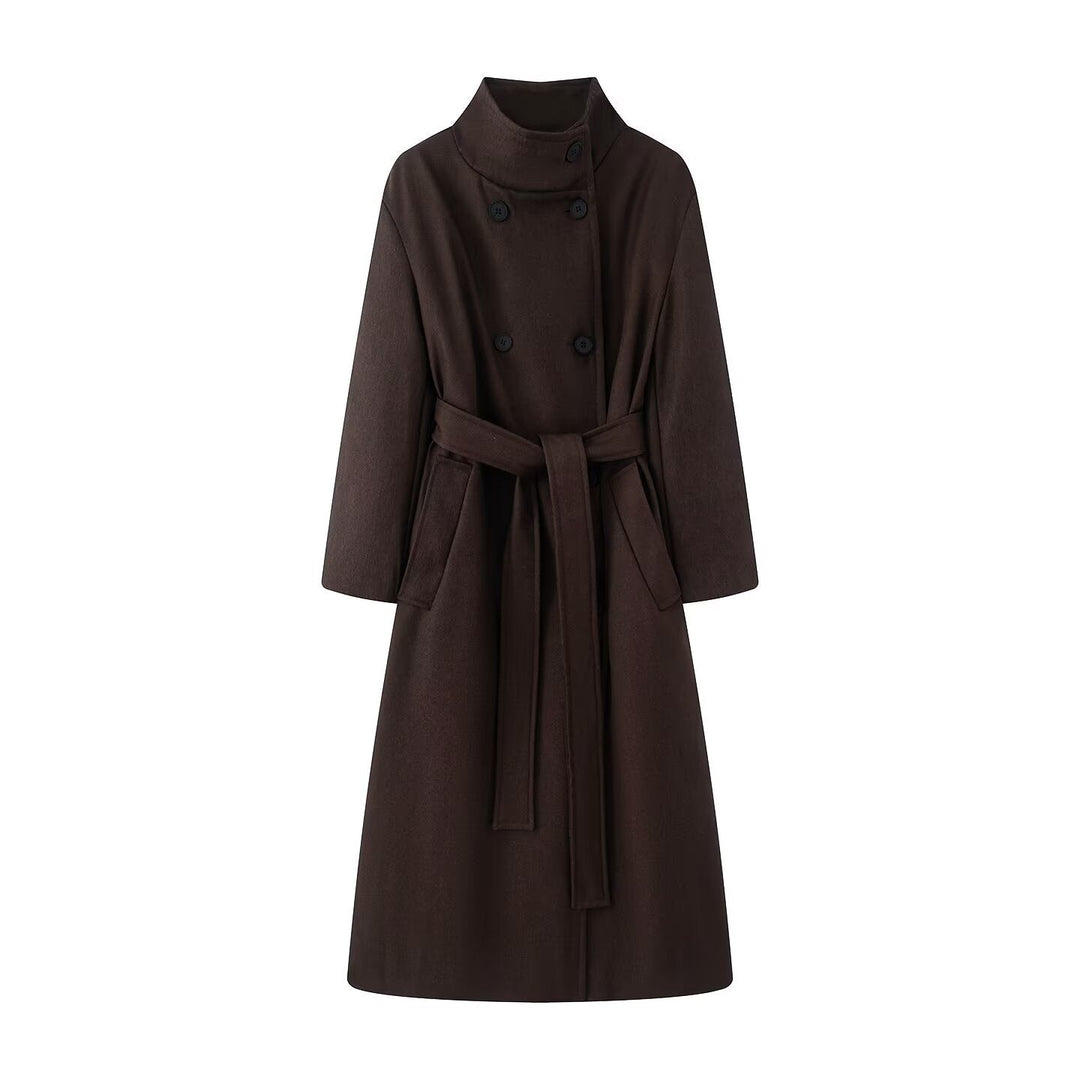 Women oversized wool blend coat with stand-up collar and tie belt