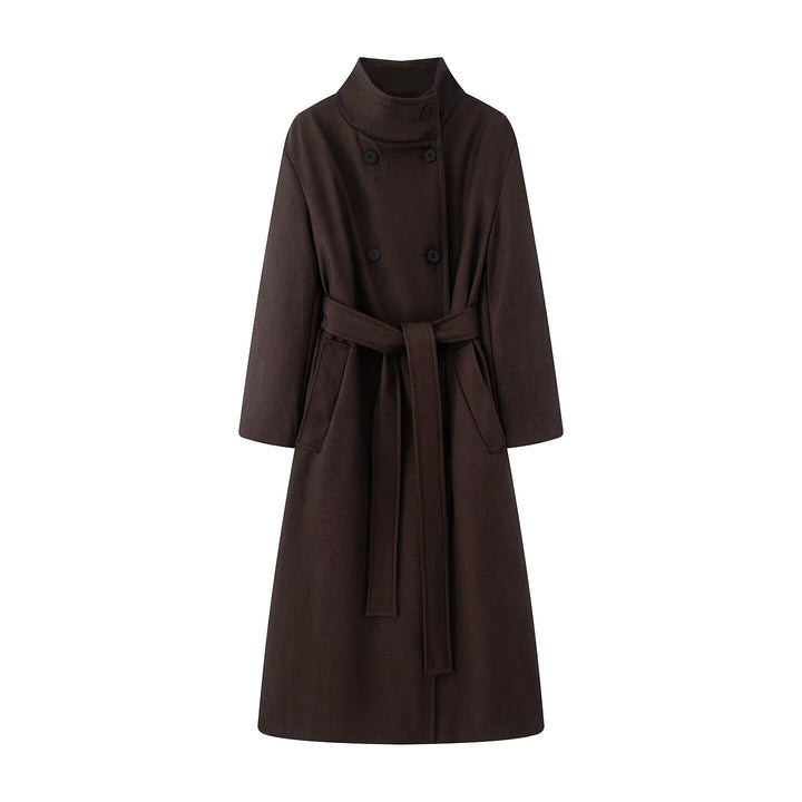 Women oversized wool blend coat with stand-up collar and tie belt