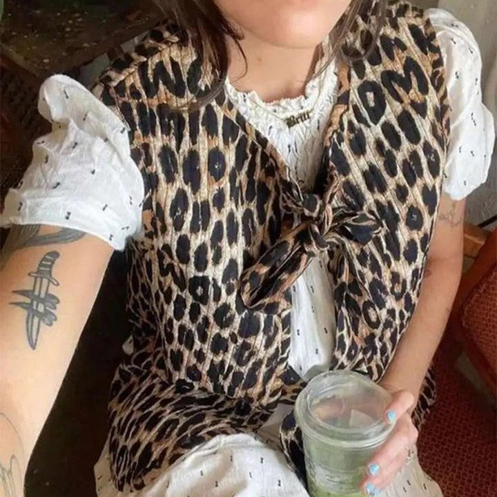 Women Sleeveless Leopard Print Vest with Ties and Textured Surface