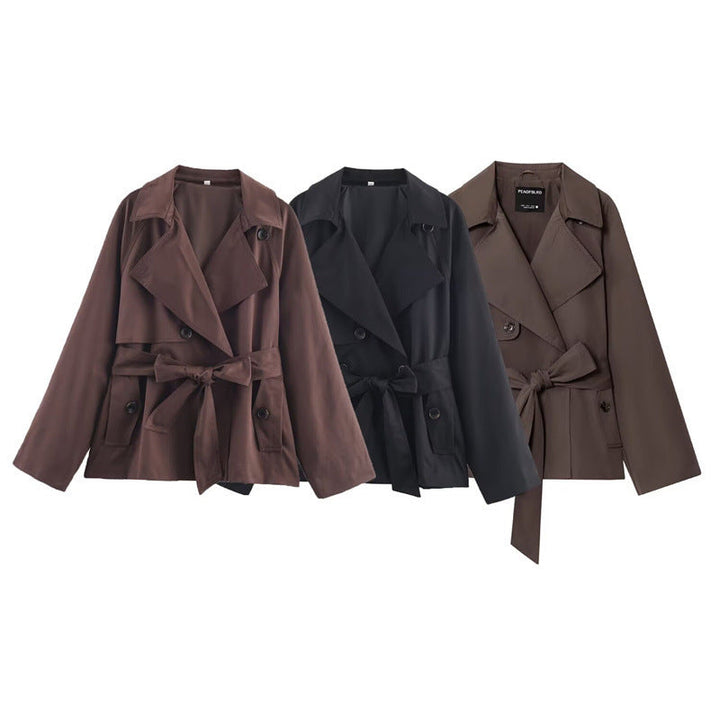 Ladies Cropped Trench Coat with Shawl Collar, Tie Belt and Flap Pockets