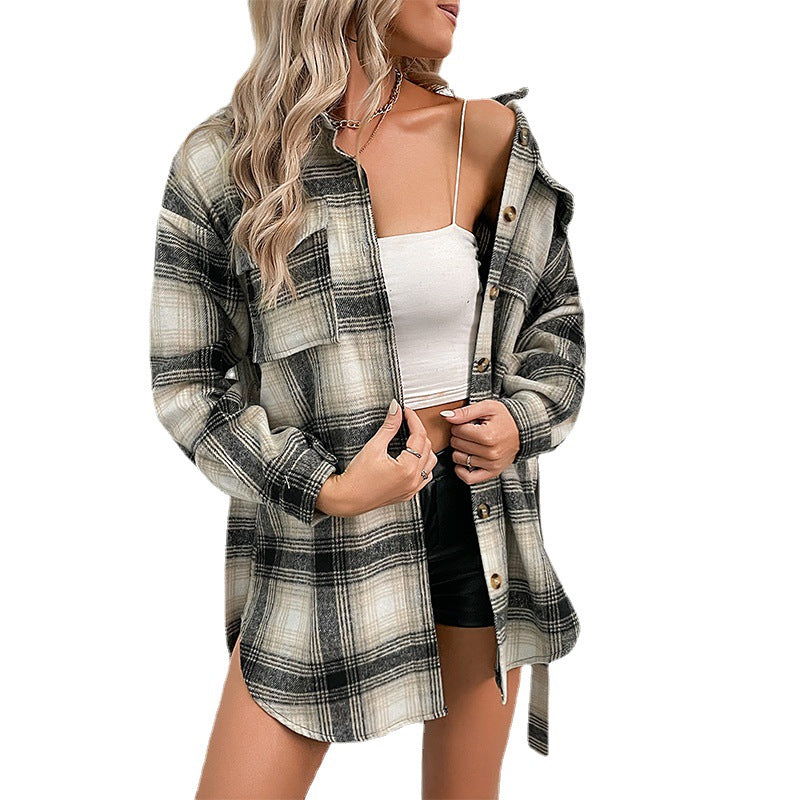 Women Checked Longline Shirt Coat with Button Placket and Waist Belt