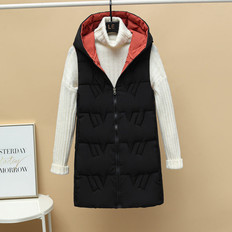 Women’s quilted long padded hooded vest with zip