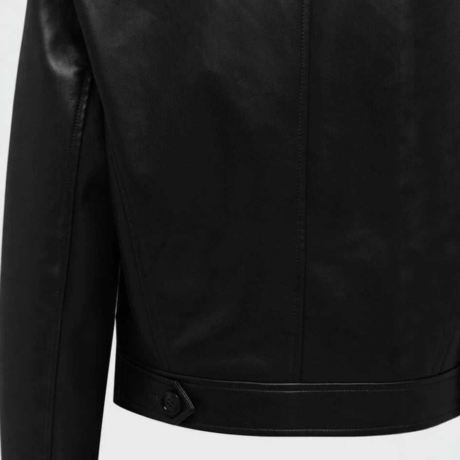 Women short cut double-breasted leather jacket with wide lapels
