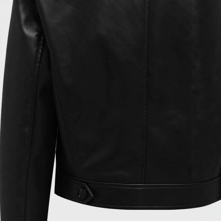 Women short cut double-breasted leather jacket with wide lapels