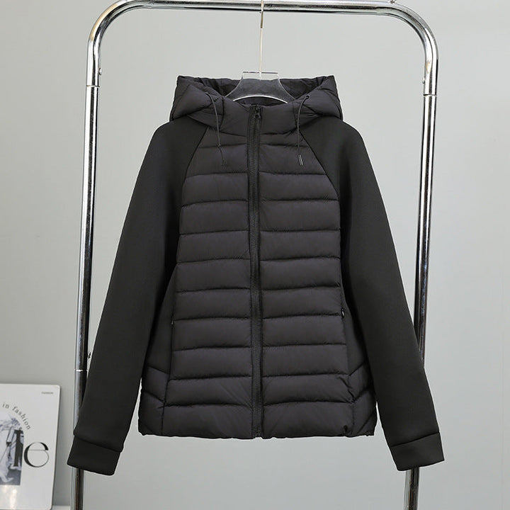Ladies nano quilted hybrid jacket with hood, softshell sleeves and light thermal insulation