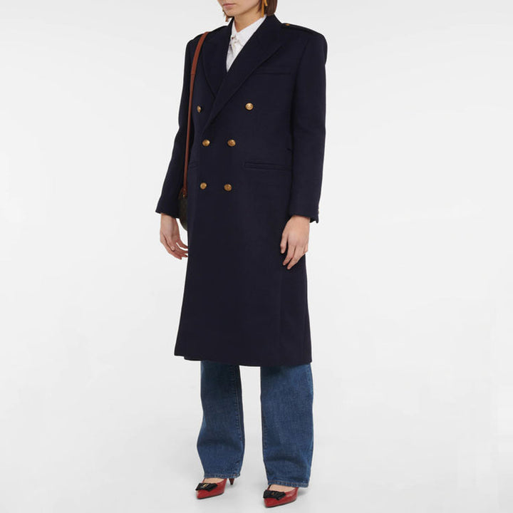 Women Double-breasted Wool Blend Long Coat with Epaulettes and Structured Tailoring Silhouette