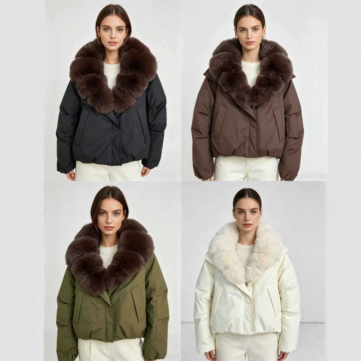 Ladies nan short thermal quilted jacket with voluminous removable faux fur collar and tailored hem
