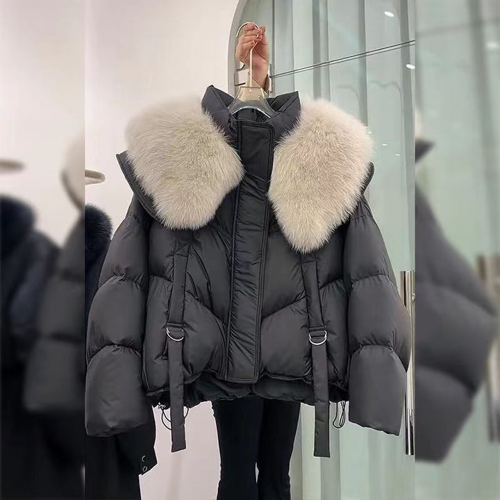 Ladies nano short thermo puffer jacket with detachable faux fur collar, high closing stand-up collar, and drawstring hem
