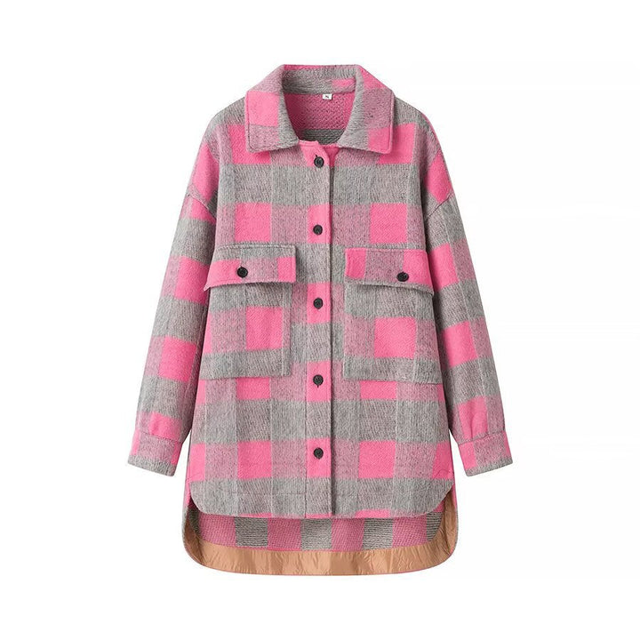 Women Oversize Checked Shirt Jacket with Applied Flap Pockets and Extended Hem