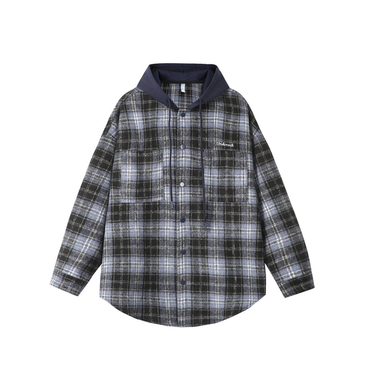 Unisex Oversized Check Shirt Jacket with Hood, Snap Buttons and Chest Pocket