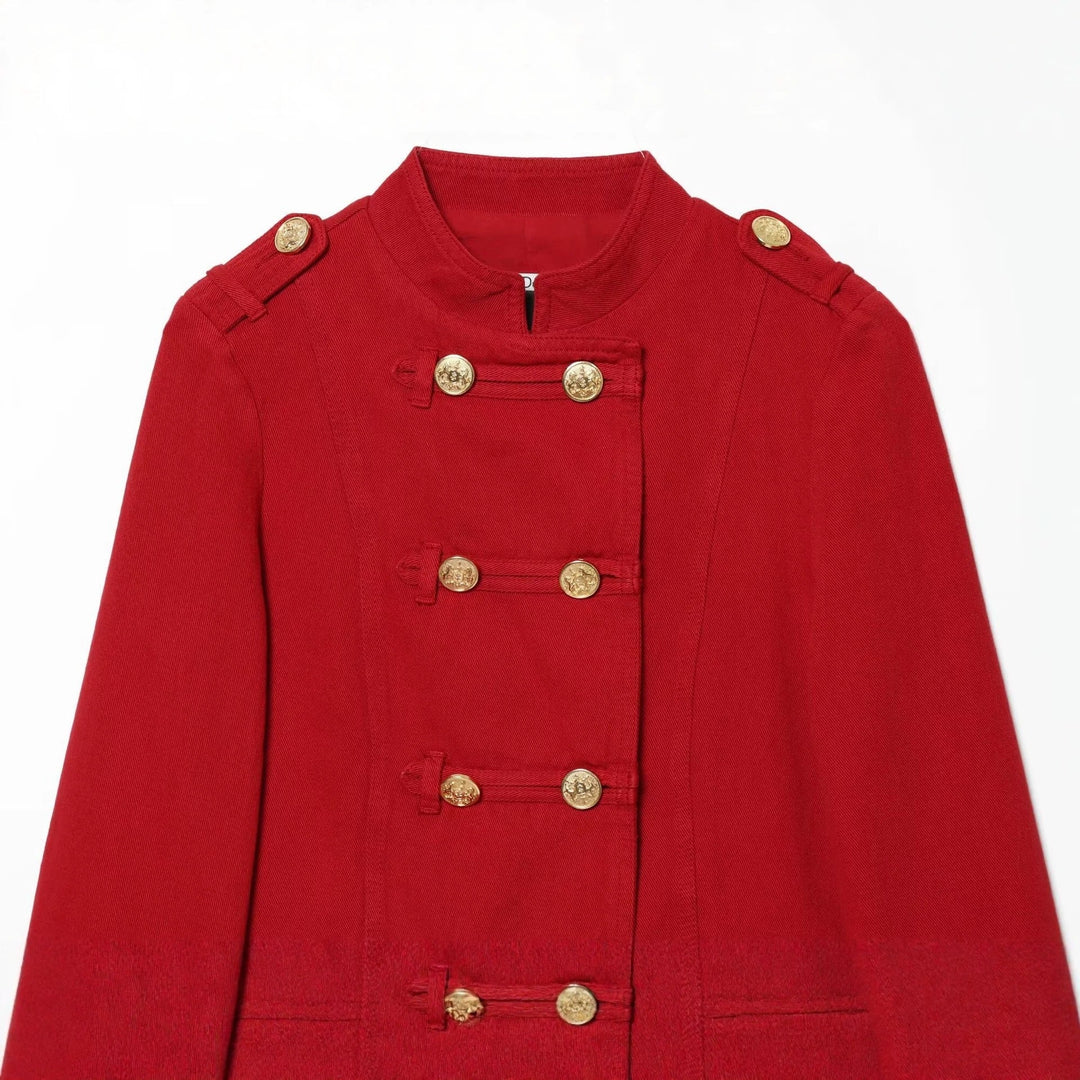 Women’s short military-inspired jacket with decorative ornate buttons