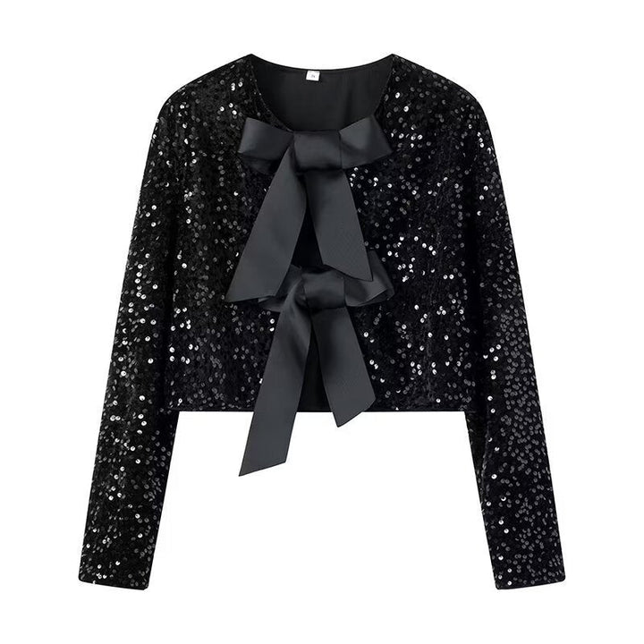 Ladies Short Sequin Jacket with Decorative Bows, Round Neckline and Long Sleeves