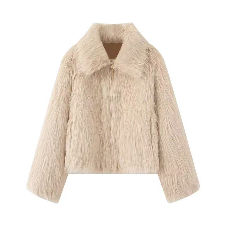 Women Short Faux Fur Cropped Jacket with Voluminous Shawl Collar and Front Zip