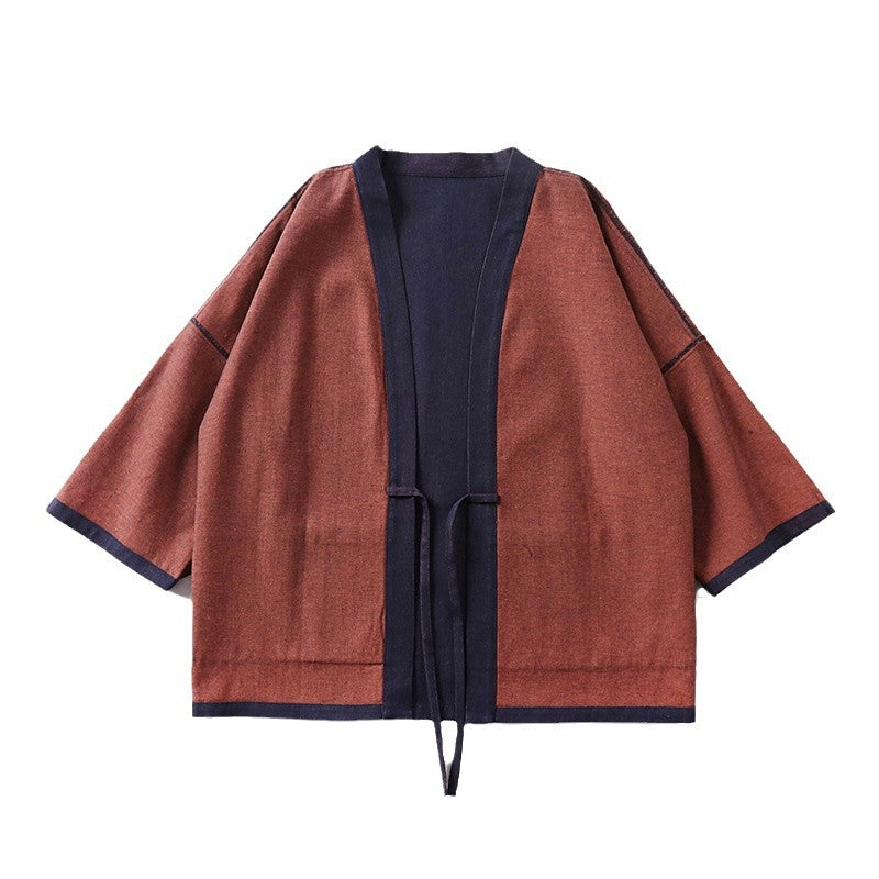 Unisex loose-fitting kimono jacket made of cotton denim with tie and large patch pockets