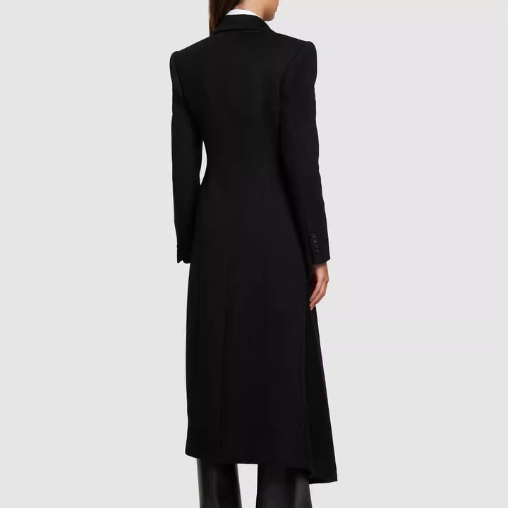 Women Maxilength Asymmetrical Double-breasted Blazer-Coat with Emphasized Shoulder