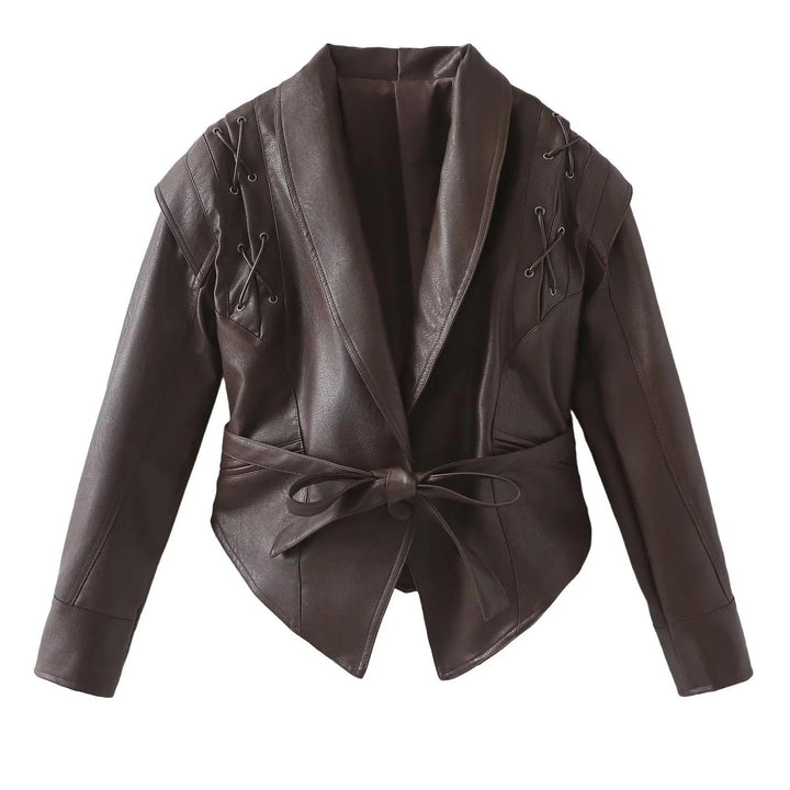 Ladies short jacket made of suede look with wrap belt, shawl collar and lacing detail