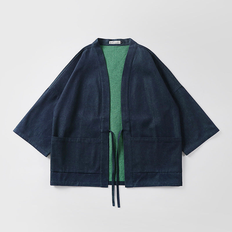 Unisex loose-fitting kimono jacket made of cotton denim with tie and large patch pockets