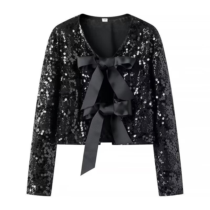 Women’s Short Cut Sequin Bolero Jacket with Triple Satin Bows and Lined Interior