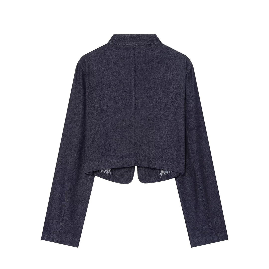 Women Cropped Denim Military Jacket with Stand-Up Collar and Decorative Button Placket