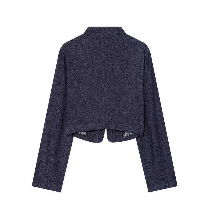 Women Cropped Denim Military Jacket with Stand-Up Collar and Decorative Button Placket