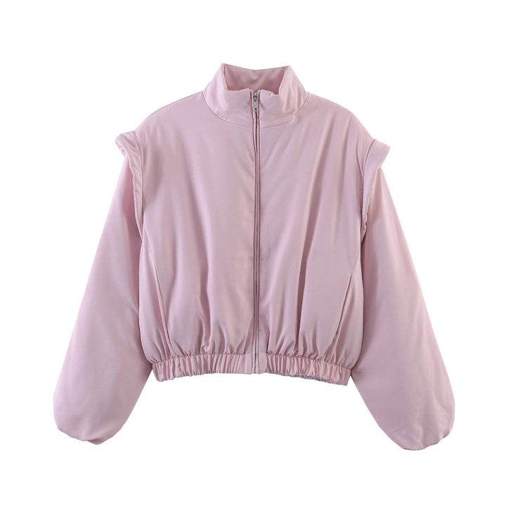 Women Short Cropped Puffer Jacket with Stand-up Collar, Zip, and Elastic Waist