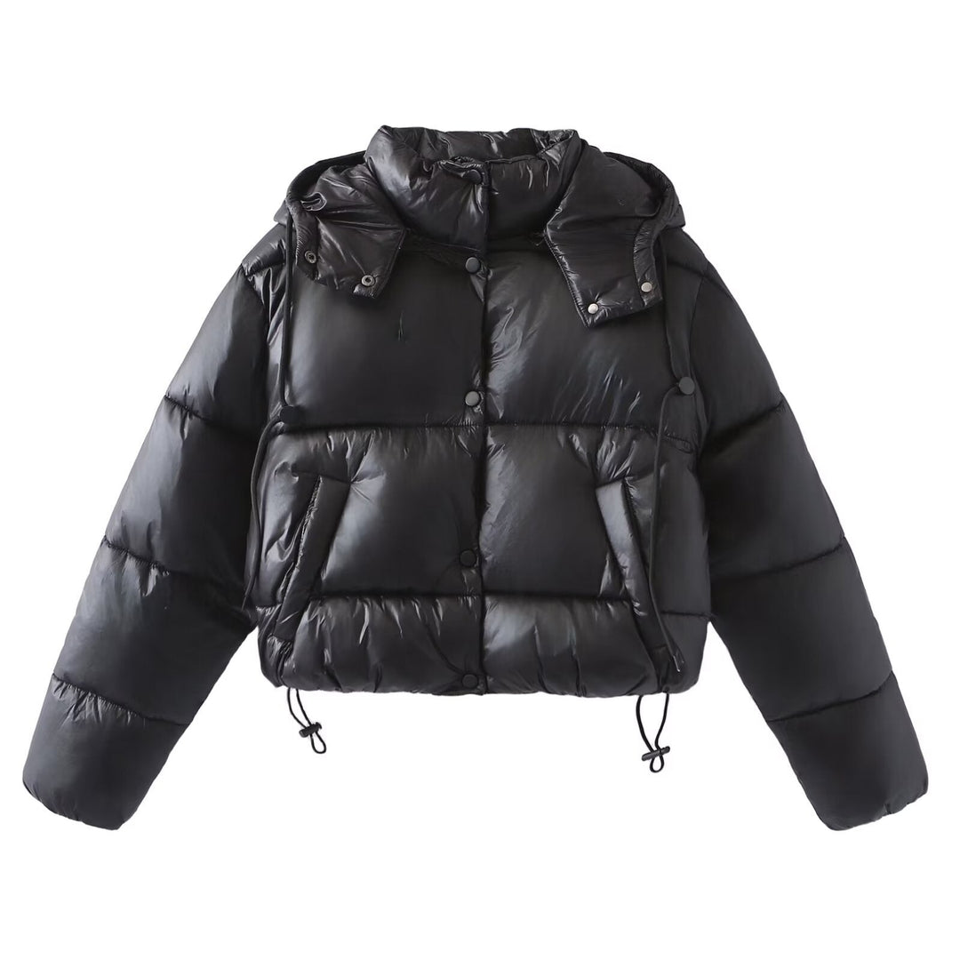 Women Shiny Cropped Puffer Jacket with Drawstring and Snap Button Placket